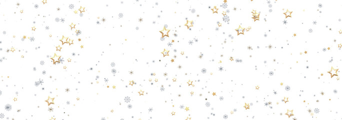 Festive winter background with gold and silver stars and snowflakes. Perfect for Christmas, New Year, and winter holiday