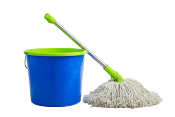 Blue bucket and white mop, cleaning equipment.