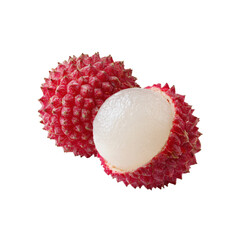 Fresh Lychee Fruit, One Whole and One Peeled, Isolated on Black Background