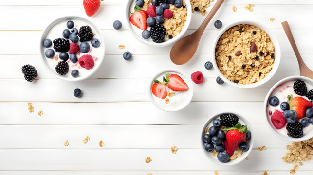 A bowl of yogurt with fresh berries and granola on a white wooden table. - Powered by Adobe
