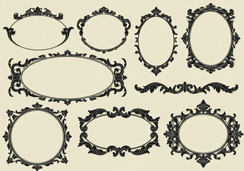 Collection of decorative frames and borders with ornate floral designs on beige background