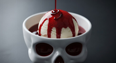 Vanilla ice cream in white skull bowl with red syrup dripping for Halloween