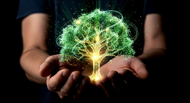 Digital tree in human hands representing growth, technology, and innovation - Powered by Adobe
