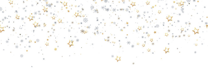 Festive background with gold and silver stars and snowflakes. Perfect for holidays.