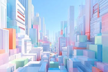 A vibrant, stylized cityscape with pastel-colored, geometric buildings stretching into a bright blue sky