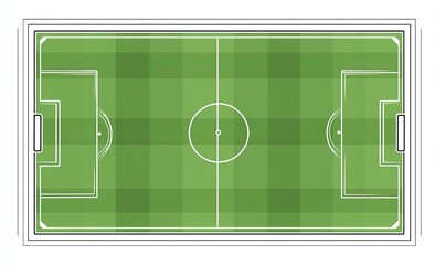Obraz premium Top-down view of a soccer field. Green playing surface, marked with white lines for goals, penalty areas, and center circle. Simple graphic representation