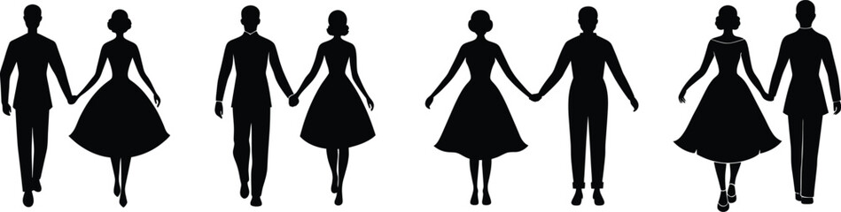 Vintage Couple Silhouettes Holding Hands Vector Set. Retro Man and Woman Silhouette Illustrations Collection.