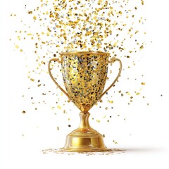 Gold trophy with gold and silver confetti explosion on a white background