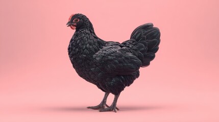 Obraz premium A glossy black chicken stands against a pink background facing left Its head is red with small details and textures visible