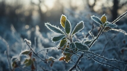 Close-up of frosted leaves shimmering with ice crystals against a soft, sunlit winter background.