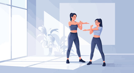 Two women in workout attire stretching arms in a bright, airy fitness studio.