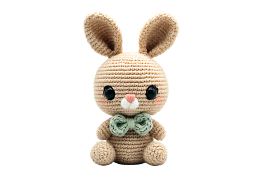 Adorable crocheted bunny rabbit toy with a bow tie.