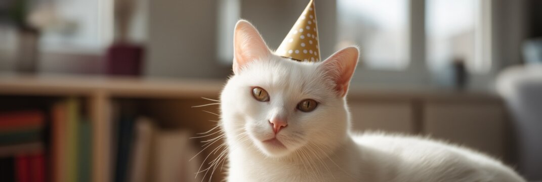 White cat wearing a polka dot party hat in sunlit room