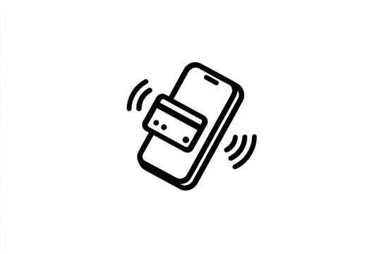 Mobile payment icon. A smartphone with a credit card, depicted in a line-art style, suggesting contactless payment. Waves radiate from the card - Powered by Adobe