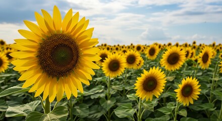 Fototapeta premium Vibrant Sunflower Field Under a Cloudy Sky