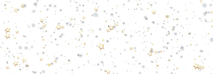 Festive winter background with gold and silver stars and snowflakes. Perfect for holidays.
