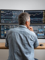 Professional trader analyzing financial data on multiple screens