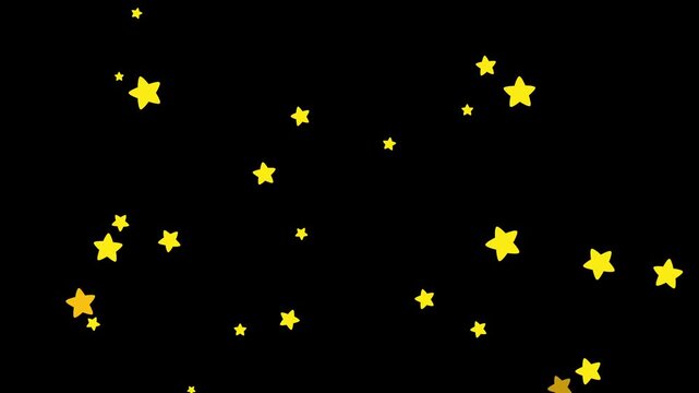 黒い背景に黄色く輝く星々が大小に飛び跳ね動き回る-Yellow shining stars jump and move around on a black background-