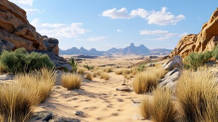 Desert Landscape: Sand, Rocks, and Plants