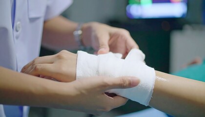 Skilled hands carefully bandage an injured wrist, offering comfort and care in a medical setting.