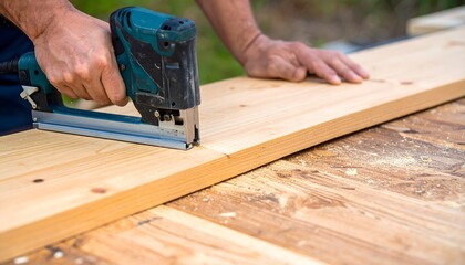 Skilled hands expertly fasten wood planks with a power stapler for durable construction projects.