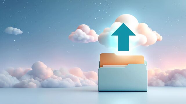 World backup day March 31. Glowing cloud upload icon and folder. Cybersecurity, protection, information, storage, data, management, document, digital, download, computing, exchange, transfer, loading.