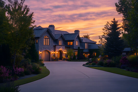 Fototapeta Sunset View of Luxurious Mansion with Vintage Car and Lavish Gardens  