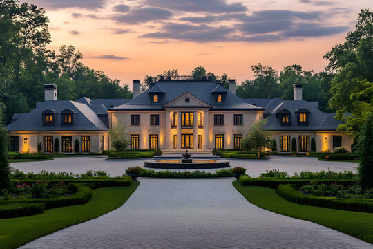 Fototapeta Sunset View of Luxurious Mansion with Vintage Car and Lavish Gardens  