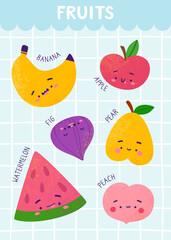 Cute fruits with faces. Kawaii textured fruit poster for kids. Adorable fruits set.