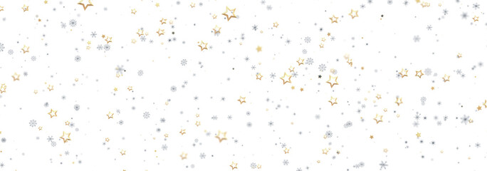 Festive background with gold and silver stars and snowflakes. Perfect for holidays.