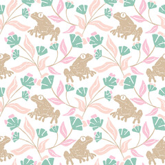pink textured frog and botanical seamless pattern. perfect for your craft supplies, printed it on fabric, or paper. make notebook cover, phone case, background or stickers