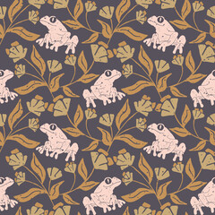 dark textured frog and botanical seamless pattern. perfect for your craft supplies, printed it on fabric, or paper. make notebook cover, phone case, background or stickers