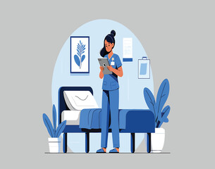 Vector illustration of a female nurse in a hospital room using a digital tablet for patient records
