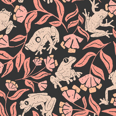 Fototapeta premium black textured frog and botanical seamless pattern. perfect for your craft supplies, printed it on fabric, or paper. make notebook cover, phone case, background or stickers