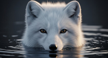  Close-up of a vigilant adult arctic fox with thick pure white fur and soft fluffy texture emerging from dark murky water, sharp dark eyes, and dramatic lighting highlighting its keen and intense expr