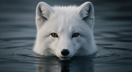  Close-up of a vigilant adult arctic fox with thick pure white fur and soft fluffy texture emerging from dark murky water, sharp dark eyes, and dramatic lighting highlighting its keen and intense expr