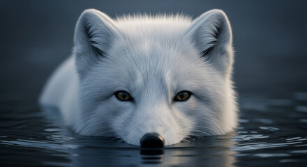  Close-up of a vigilant adult arctic fox with thick pure white fur and soft fluffy texture emerging from dark murky water, sharp dark eyes, and dramatic lighting highlighting its keen and intense expr