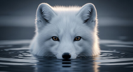  Close-up of a vigilant adult arctic fox with thick pure white fur and soft fluffy texture emerging from dark murky water, sharp dark eyes, and dramatic lighting highlighting its keen and intense expr