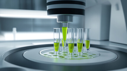 Automated robotic system injecting green liquid into test tubes in laboratory setting, showcasing precision and advanced technology