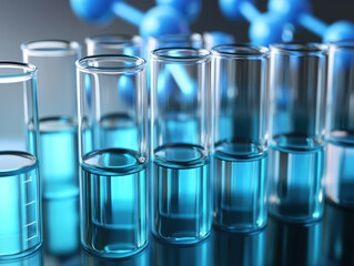Transparent test tubes filled with blue liquid, arranged row, create scientific atmosphere. background features molecular structures