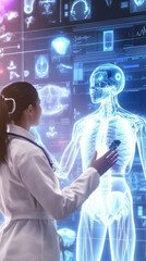 Futuristic medical collaboration showcasing healthcare professional interacting with holographic human anatomy display, emphasizing advanced