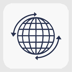 Vector icon of a globe with a circular arrow, symbolizing global rotation, worldwide reach, and international business concepts.