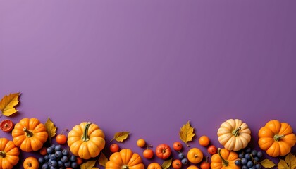 A decorative collection of seasonal autumn leaves and pumpkins arranged in a curving line against a purple background.