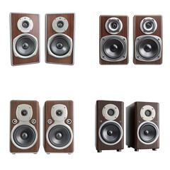  A pair of stylish bookshelf speakers with dark wood and silver accents, isolated on white background