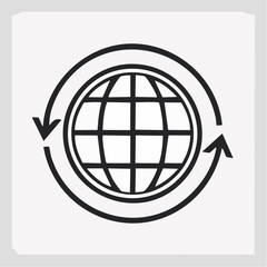 Vector icon of a globe with a circular arrow, symbolizing global rotation, worldwide reach, and international business concepts.
