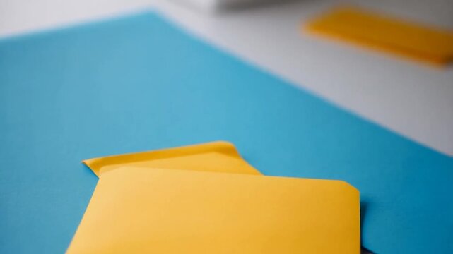 Yellow Envelopes on Blue Surface: Minimalist Stationery Photography