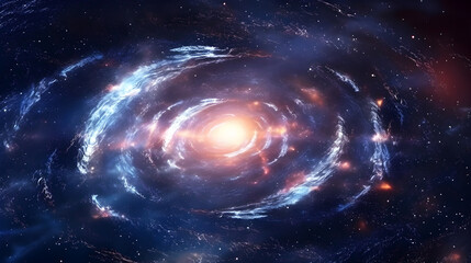 A vibrant, colorful galaxy with a central bright star surrounded by swirling blue and orange nebulae, set against a dark, star-studded backdrop.