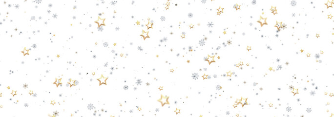 Festive winter background with gold and silver stars and snowflakes. Perfect for holidays.