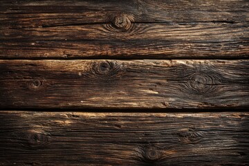 Obraz premium Close-up view of weathered, dark brown wooden planks. Horizontal, parallel boards show knots, grain, and variations in tone. Natural wood texture