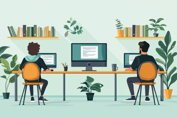 Two individuals working at desks in a modern shared office